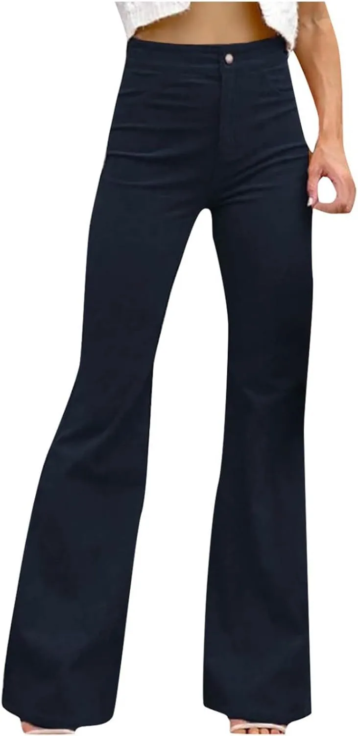 Flared Corduroy Pants Women Stretchy High Waisted Flare Pants Elastic Waist Pants Straight Leg Trousers with Pockets