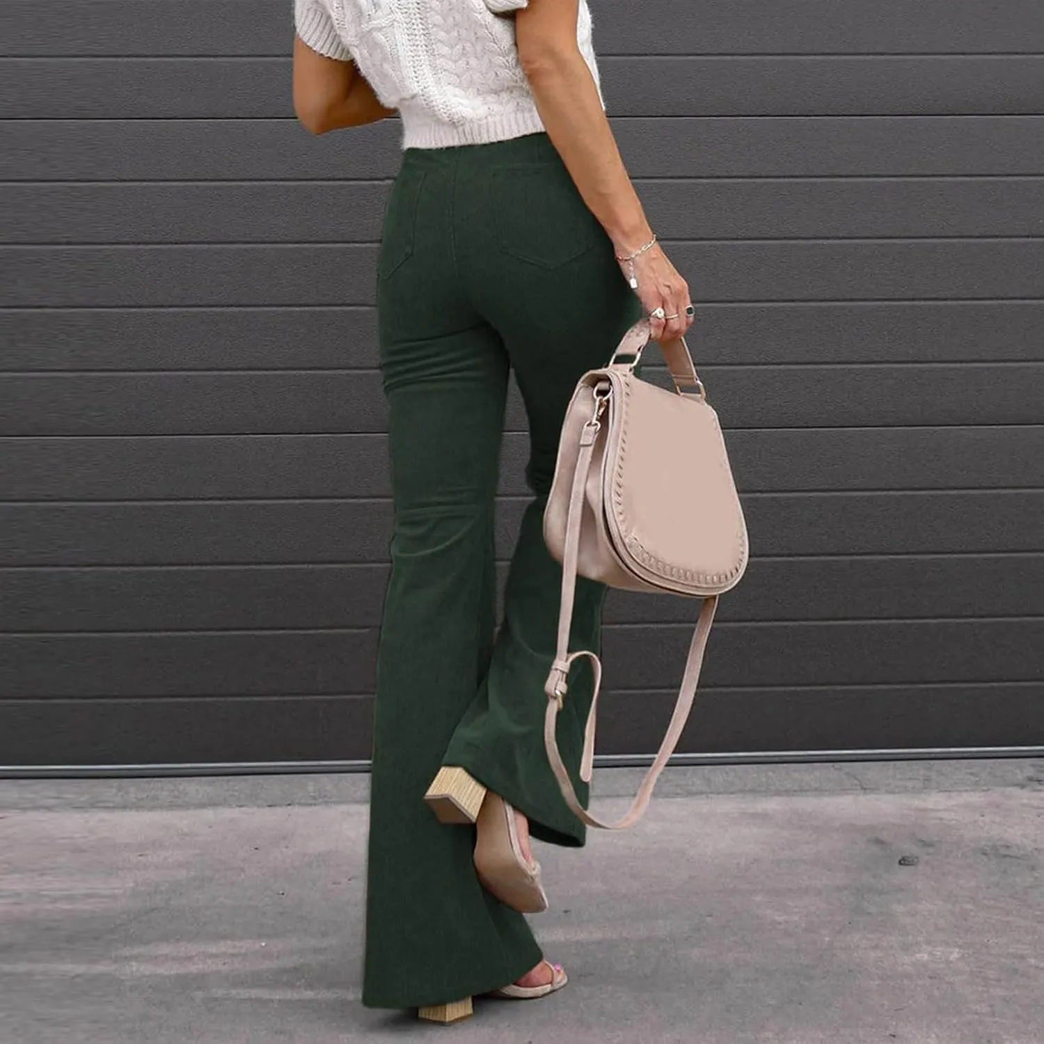 Flared Corduroy Pants Women Stretchy High Waisted Flare Pants Elastic Waist Pants Straight Leg Trousers with Pockets