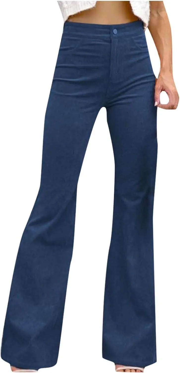 Flared Corduroy Pants Women Stretchy High Waisted Flare Pants Elastic Waist Pants Straight Leg Trousers with Pockets