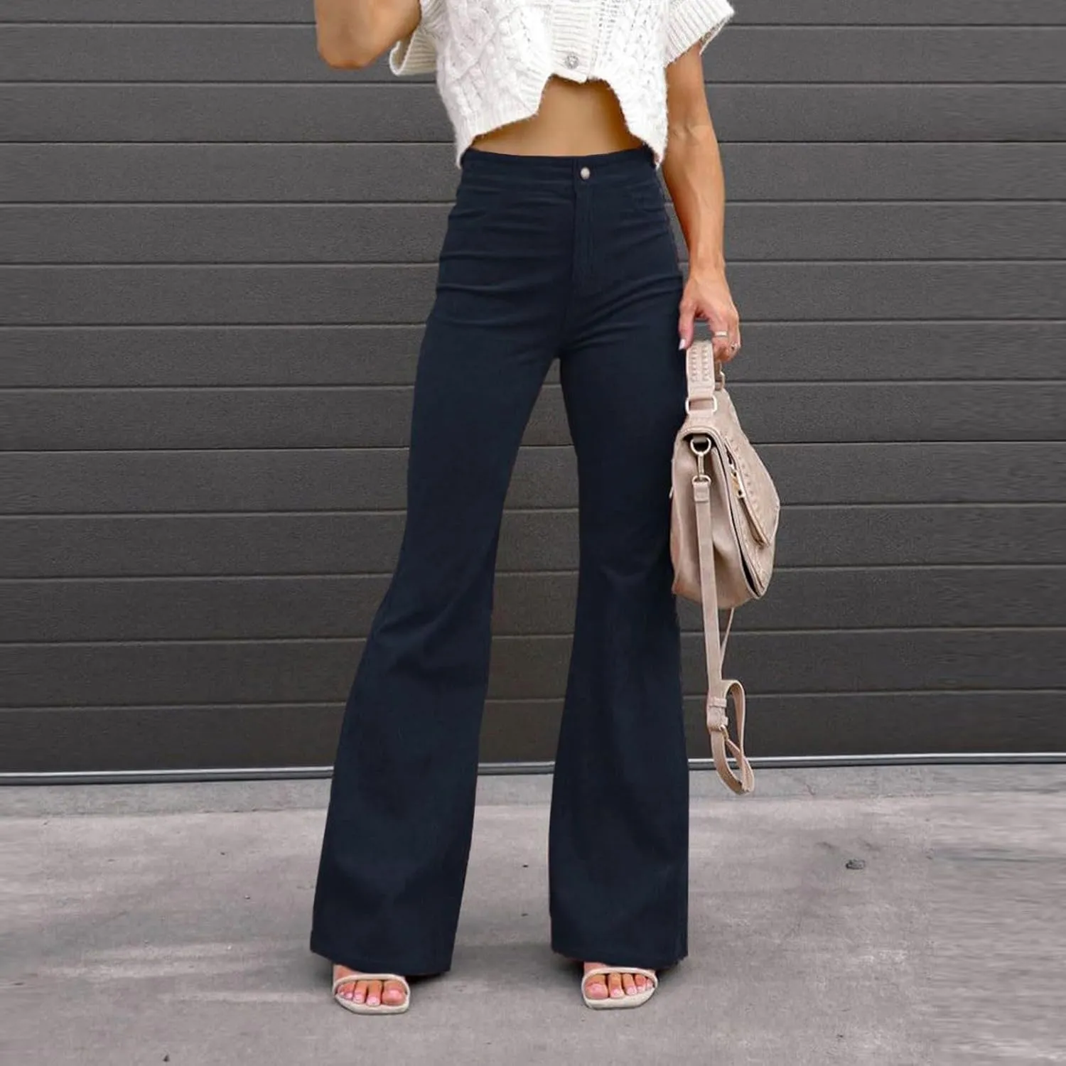 Flared Corduroy Pants Women Stretchy High Waisted Flare Pants Elastic Waist Pants Straight Leg Trousers with Pockets