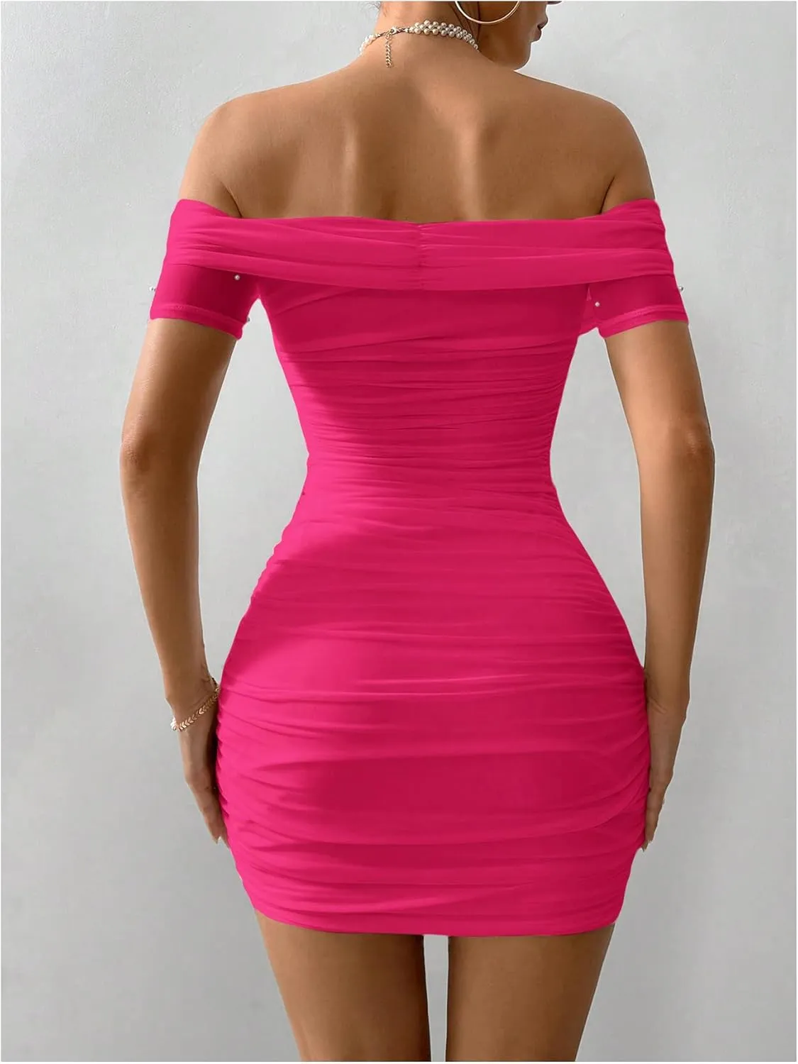 Floerns Women's Pearl Beaded Off Shoulder Short Dress Short Sleeve Bodycon Party Dresses
