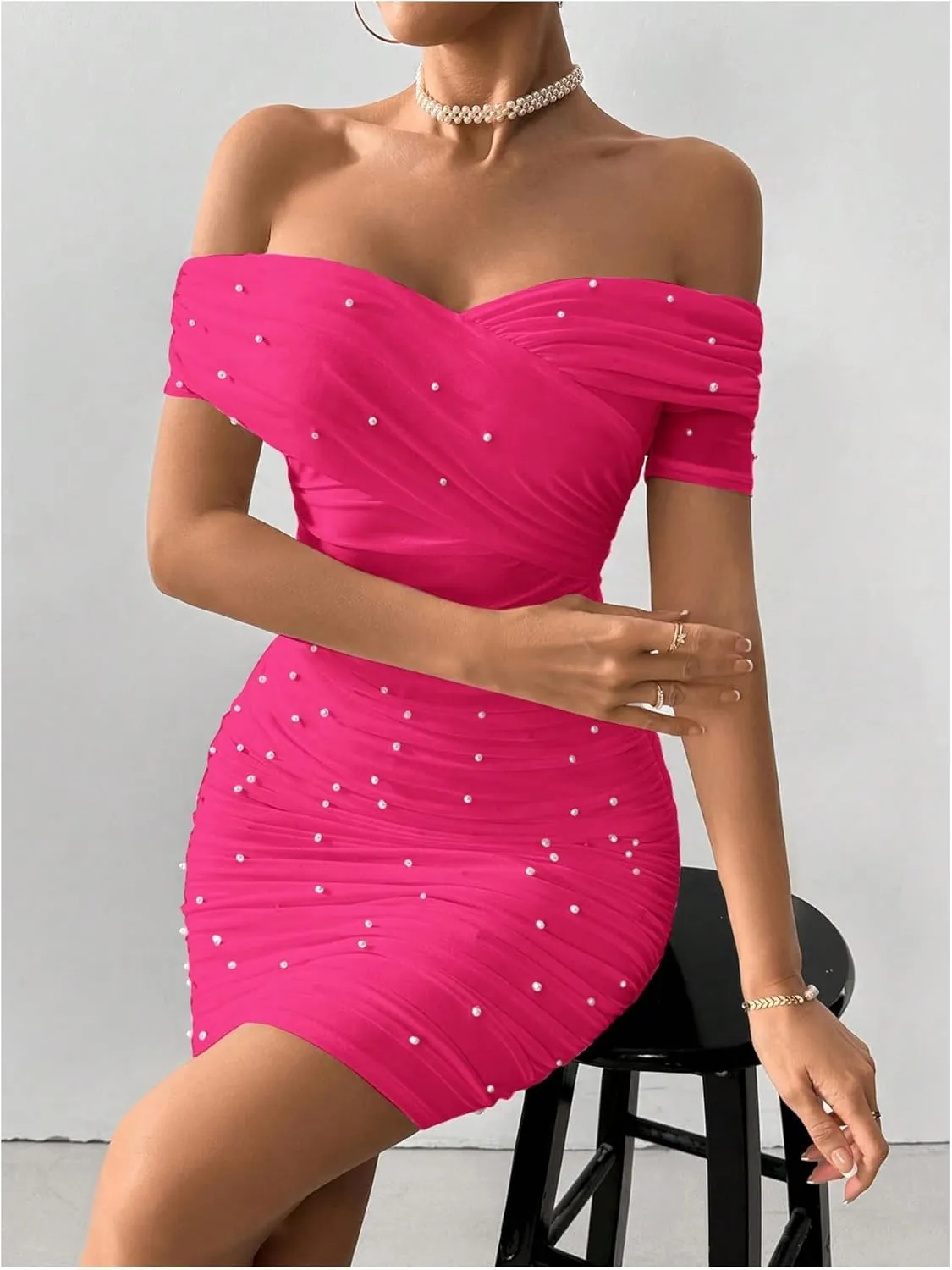 Floerns Women's Pearl Beaded Off Shoulder Short Dress Short Sleeve Bodycon Party Dresses