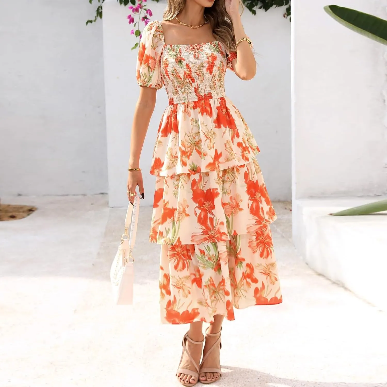 Floral Boho Dresses for Women 2025 Summer Puff Sleeve A Line Midi Dress Flowy Smocked Tiered Ruffle Wedding Guest Dress