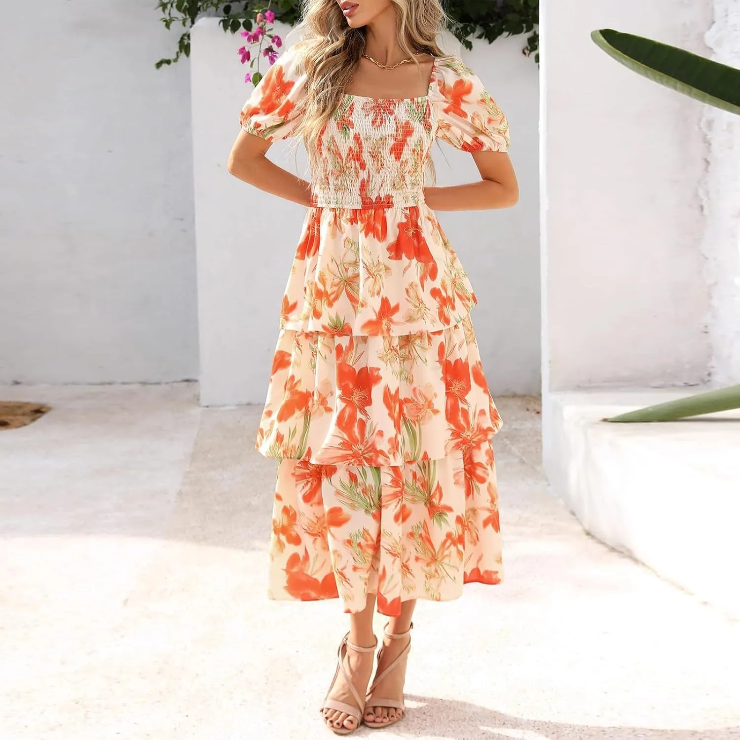Floral Boho Dresses for Women 2025 Summer Puff Sleeve A Line Midi Dress Flowy Smocked Tiered Ruffle Wedding Guest Dress