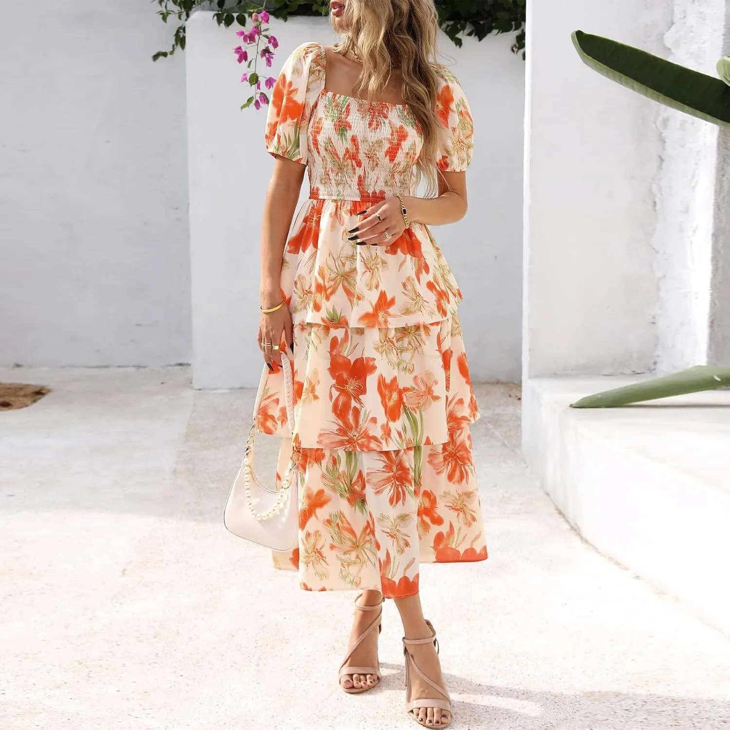Floral Boho Dresses for Women 2025 Summer Puff Sleeve A Line Midi Dress Flowy Smocked Tiered Ruffle Wedding Guest Dress