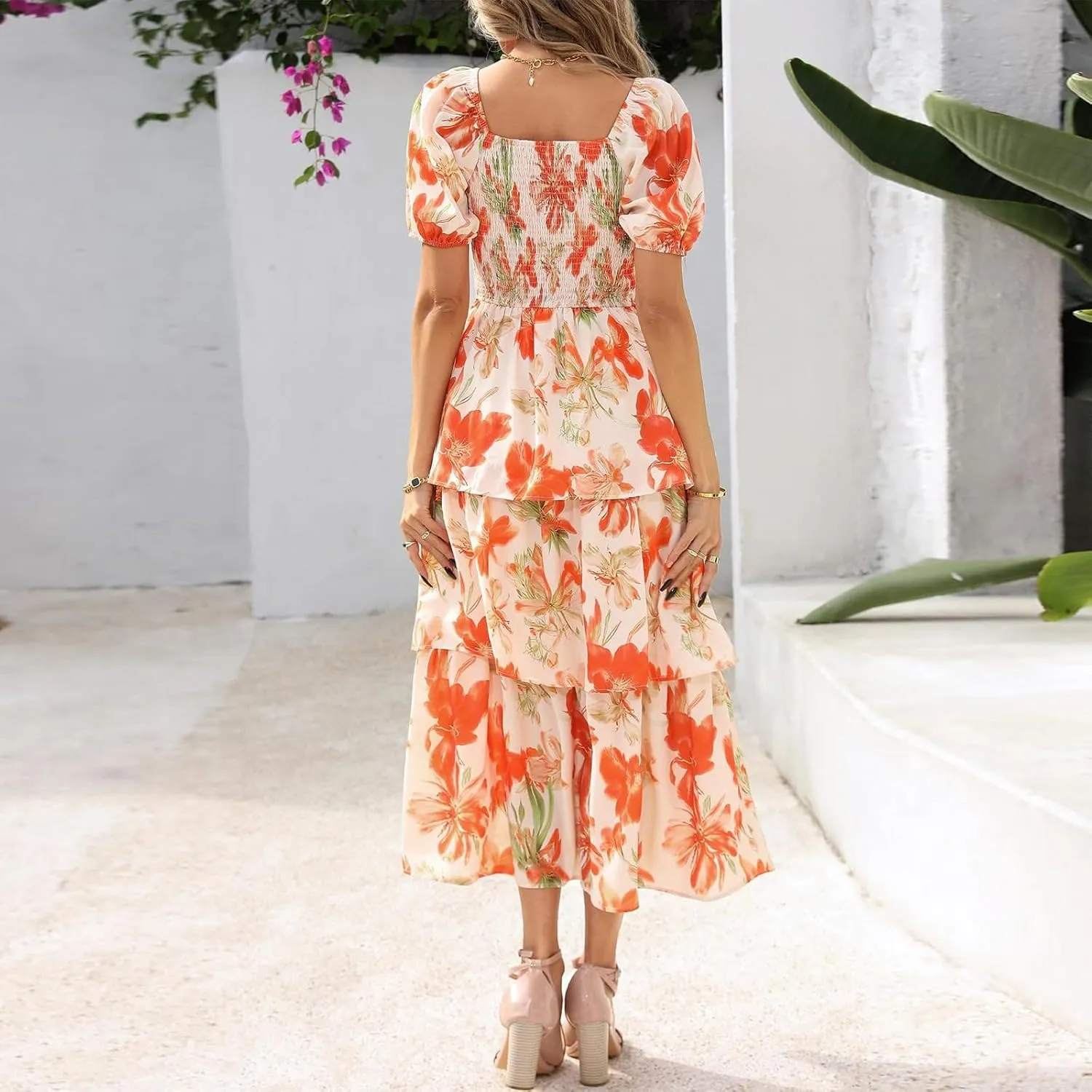Floral Boho Dresses for Women 2025 Summer Puff Sleeve A Line Midi Dress Flowy Smocked Tiered Ruffle Wedding Guest Dress
