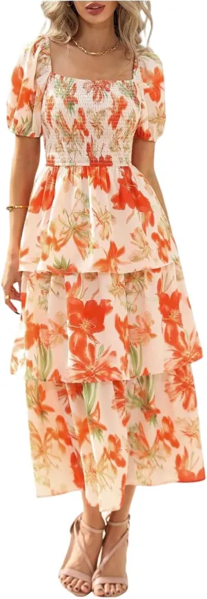 Floral Boho Dresses for Women 2025 Summer Puff Sleeve A Line Midi Dress Flowy Smocked Tiered Ruffle Wedding Guest Dress
