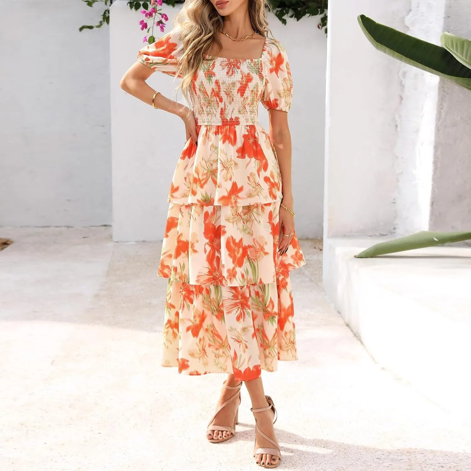 Floral Boho Dresses for Women 2025 Summer Puff Sleeve A Line Midi Dress Flowy Smocked Tiered Ruffle Wedding Guest Dress
