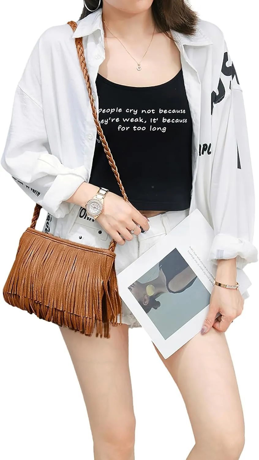 Fringe Crossbody Purse for Women Tassel Messenger Bag Leather Hobo Shoulder Bag Womens Sling Bag
