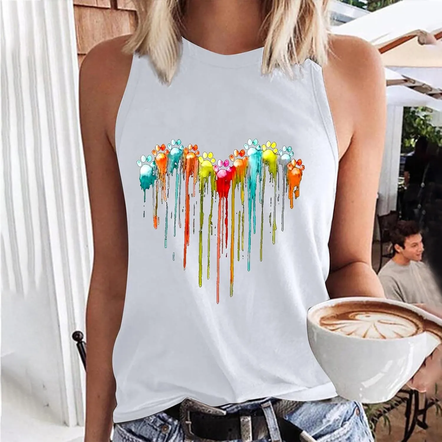 Funny Cute Colorful Dog Paw Print Heart Graphic Tank Tops for Women Dog Lover Summer Casual Crewneck Sleeveless Tee Shirts