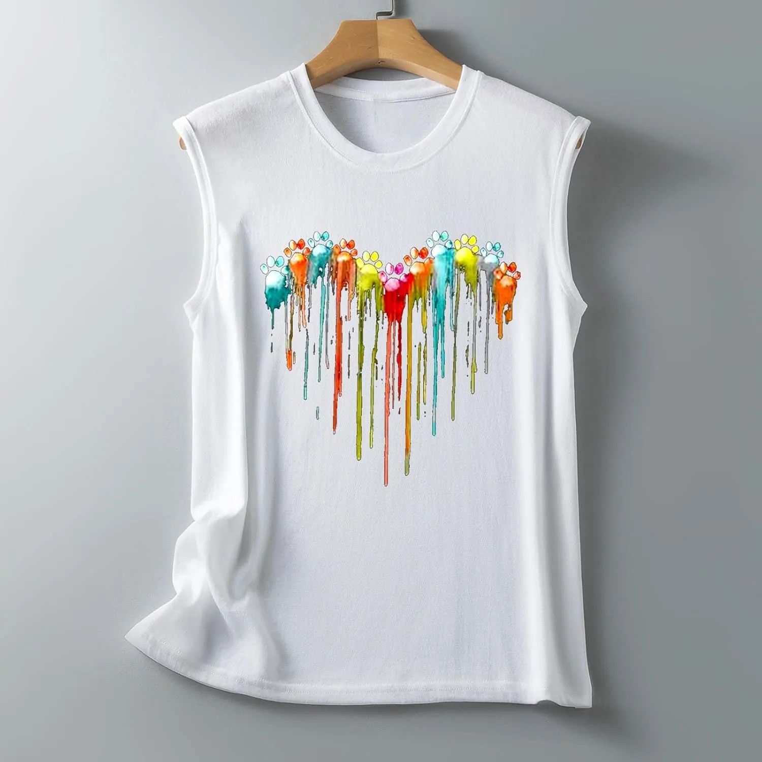 Funny Cute Colorful Dog Paw Print Heart Graphic Tank Tops for Women Dog Lover Summer Casual Crewneck Sleeveless Tee Shirts