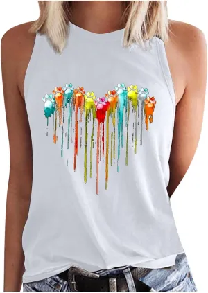 Funny Cute Colorful Dog Paw Print Heart Graphic Tank Tops for Women Dog Lover Summer Casual Crewneck Sleeveless Tee Shirts