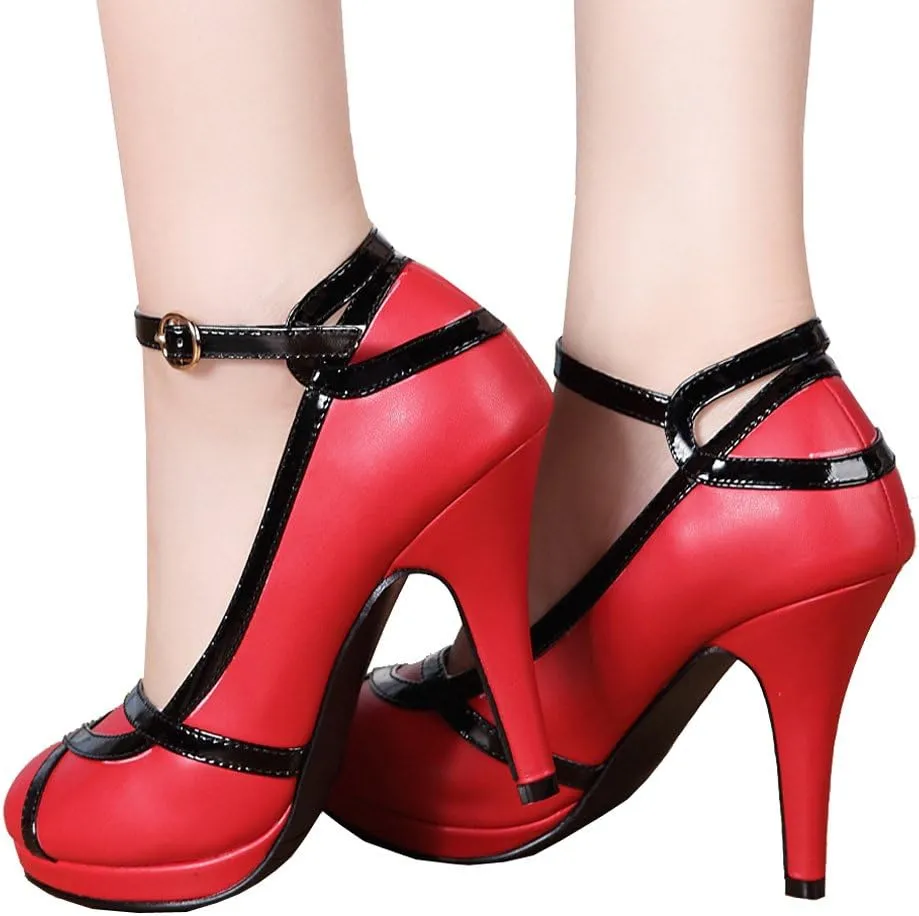 getmorebeauty Women's Vintage Retro Black and White Ankle Strappy Buckle Dress High Heels