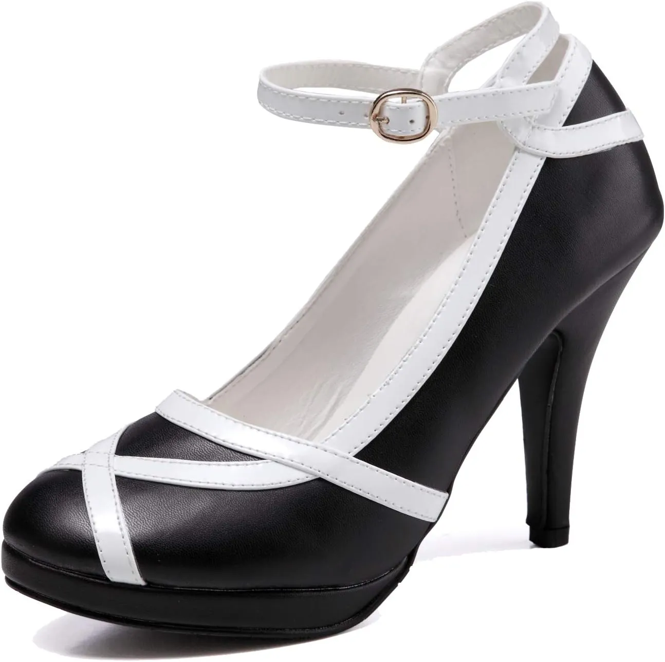 getmorebeauty Women's Vintage Retro Black and White Ankle Strappy Buckle Dress High Heels