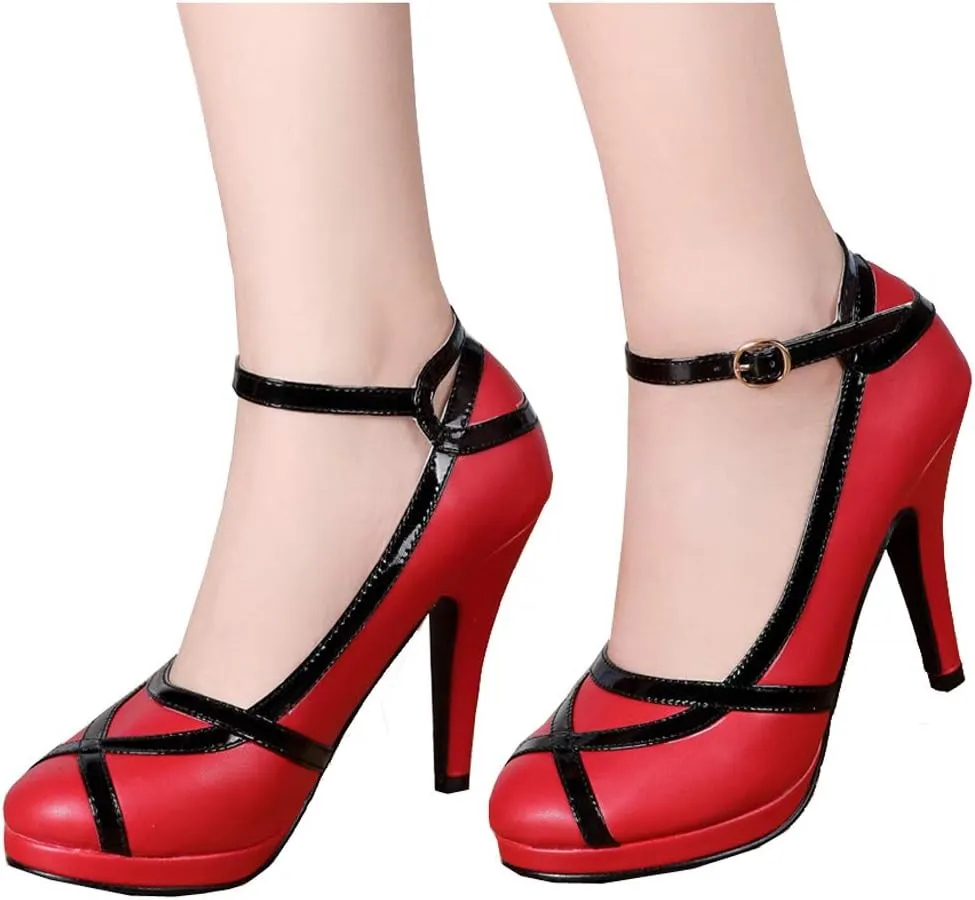 getmorebeauty Women's Vintage Retro Black and White Ankle Strappy Buckle Dress High Heels