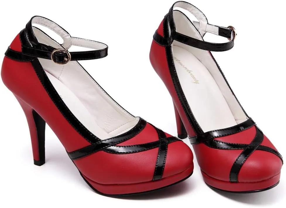 getmorebeauty Women's Vintage Retro Black and White Ankle Strappy Buckle Dress High Heels