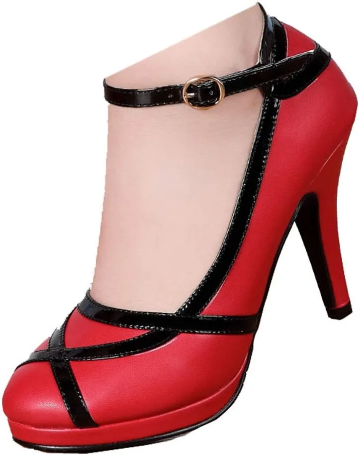 getmorebeauty Women's Vintage Retro Black and White Ankle Strappy Buckle Dress High Heels