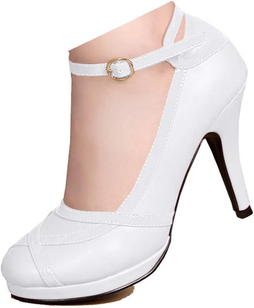 getmorebeauty Women's Vintage Retro Black and White Ankle Strappy Buckle Dress High Heels