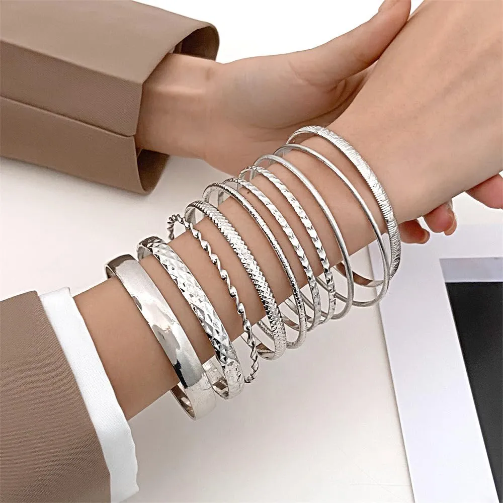 GIGB PBDK Charming 18K Gold Stackable Bracelet Set for Women Bestie Ladies,10Pcs Trendy Ethnic Layering Bangles,Aesthetic Anniversary Jewelry Gift