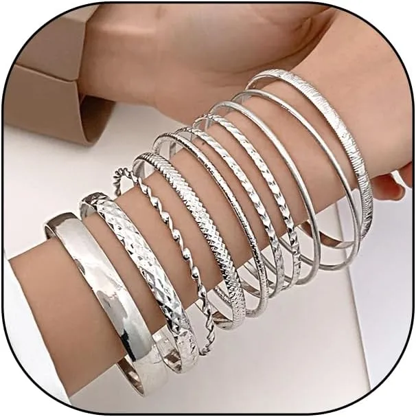 GIGB PBDK Charming 18K Gold Stackable Bracelet Set for Women Bestie Ladies,10Pcs Trendy Ethnic Layering Bangles,Aesthetic Anniversary Jewelry Gift