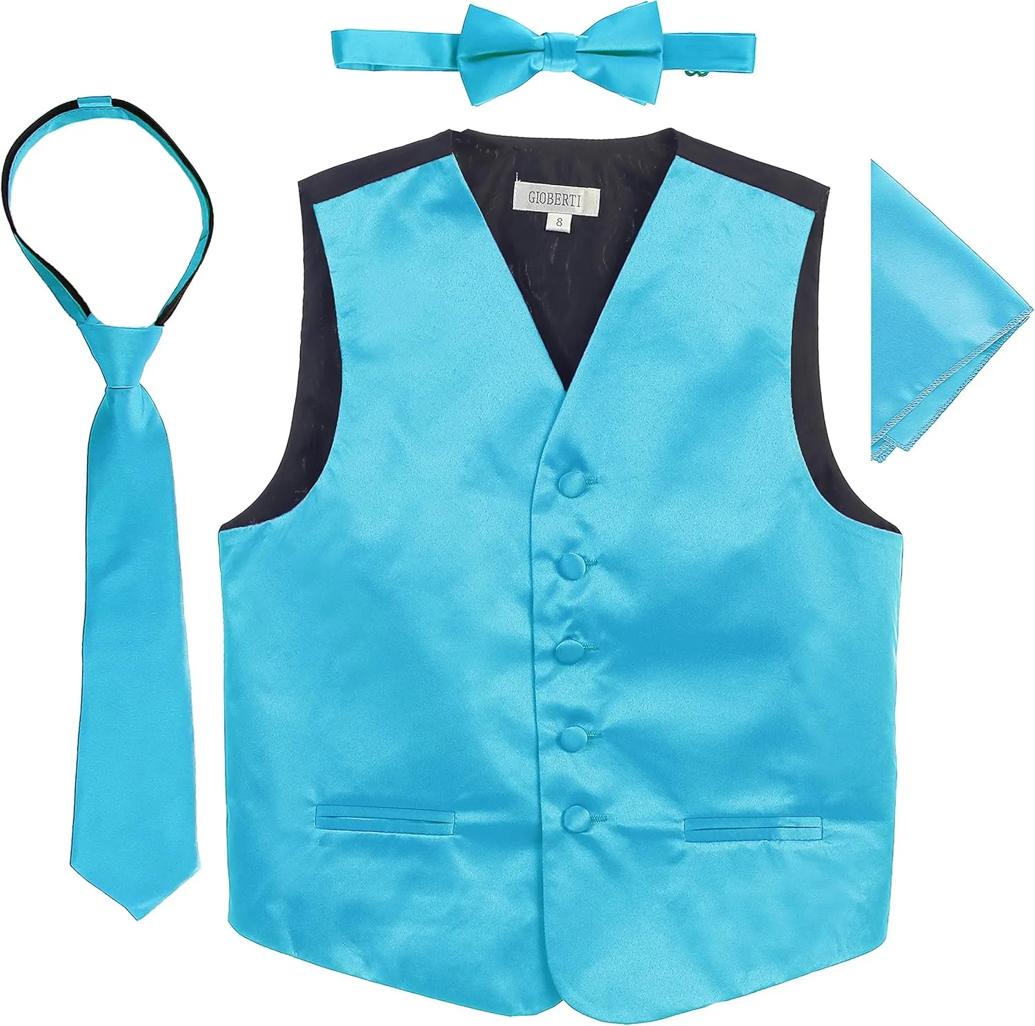 Gioberti Kids and Boys 4pc Satin Formal Vest Set - Vest, Bowtie, Tie, Pocket Square