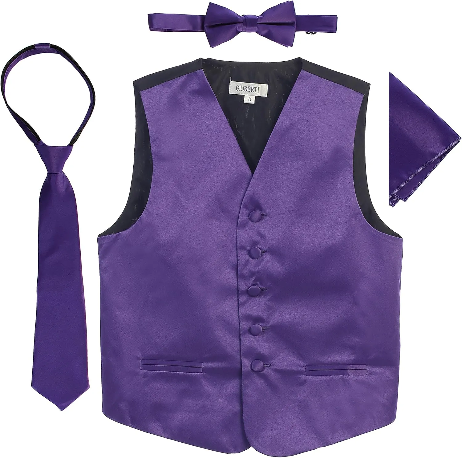 Gioberti Kids and Boys 4pc Satin Formal Vest Set - Vest, Bowtie, Tie, Pocket Square