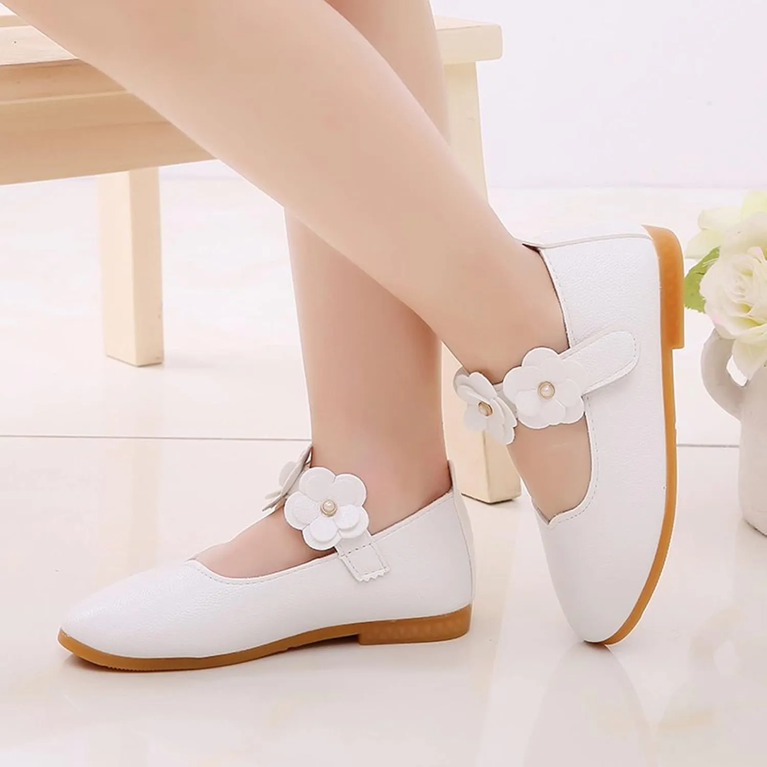 Girls Low Heel Shoes PU Dress Shoes for Wedding Toddler Girls Close Toe Sandals Ankle Strap Flower Water Shoes Toddler