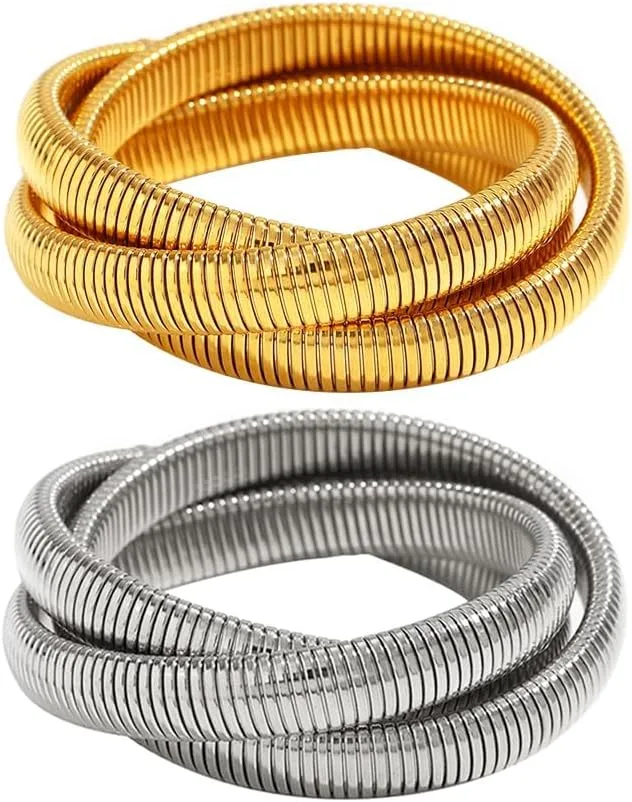 Gold Bangles for Women Chunky Stretch Bangles Bracelets Set Stainless Steel Link Chain Bracelet Flexible Wide Gold Wristband Bangle Bracelets Stack of 4/5