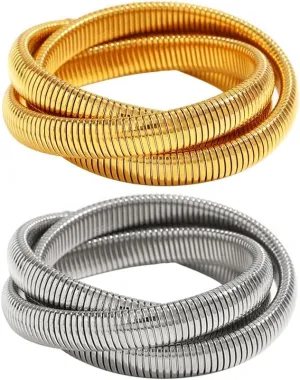 Gold Bangles for Women Chunky Stretch Bangles Bracelets Set Stainless Steel Link Chain Bracelet Flexible Wide Gold Wristband Bangle Bracelets Stack of 4/5