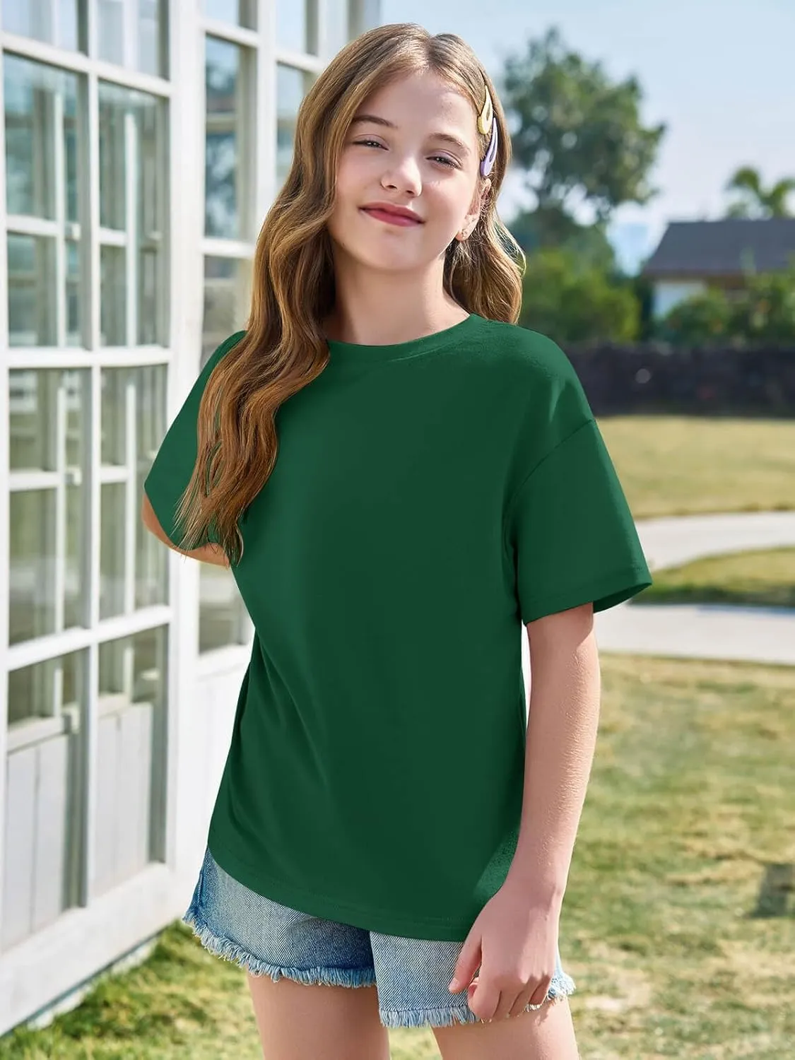 Haloumoning Girls Short Sleeve T Shirts Kids Summer Oversized Tops Casual Crewneck Basic Tees 5-14Y