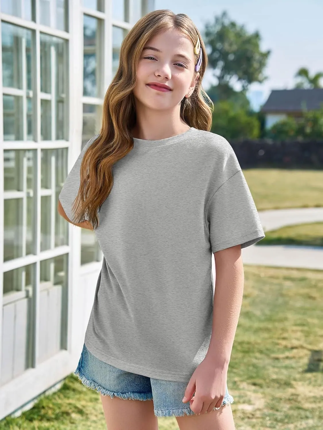 Haloumoning Girls Short Sleeve T Shirts Kids Summer Oversized Tops Casual Crewneck Basic Tees 5-14Y