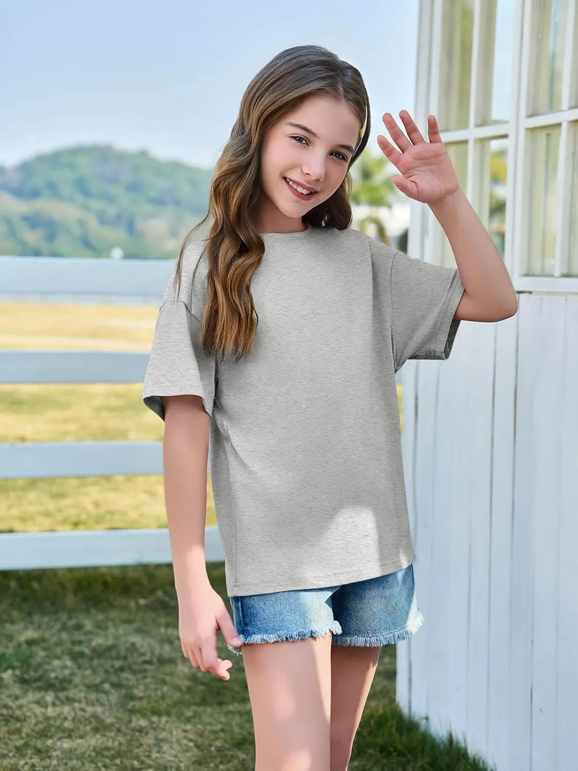 Haloumoning Girls Short Sleeve T Shirts Kids Summer Oversized Tops Casual Crewneck Basic Tees 5-14Y