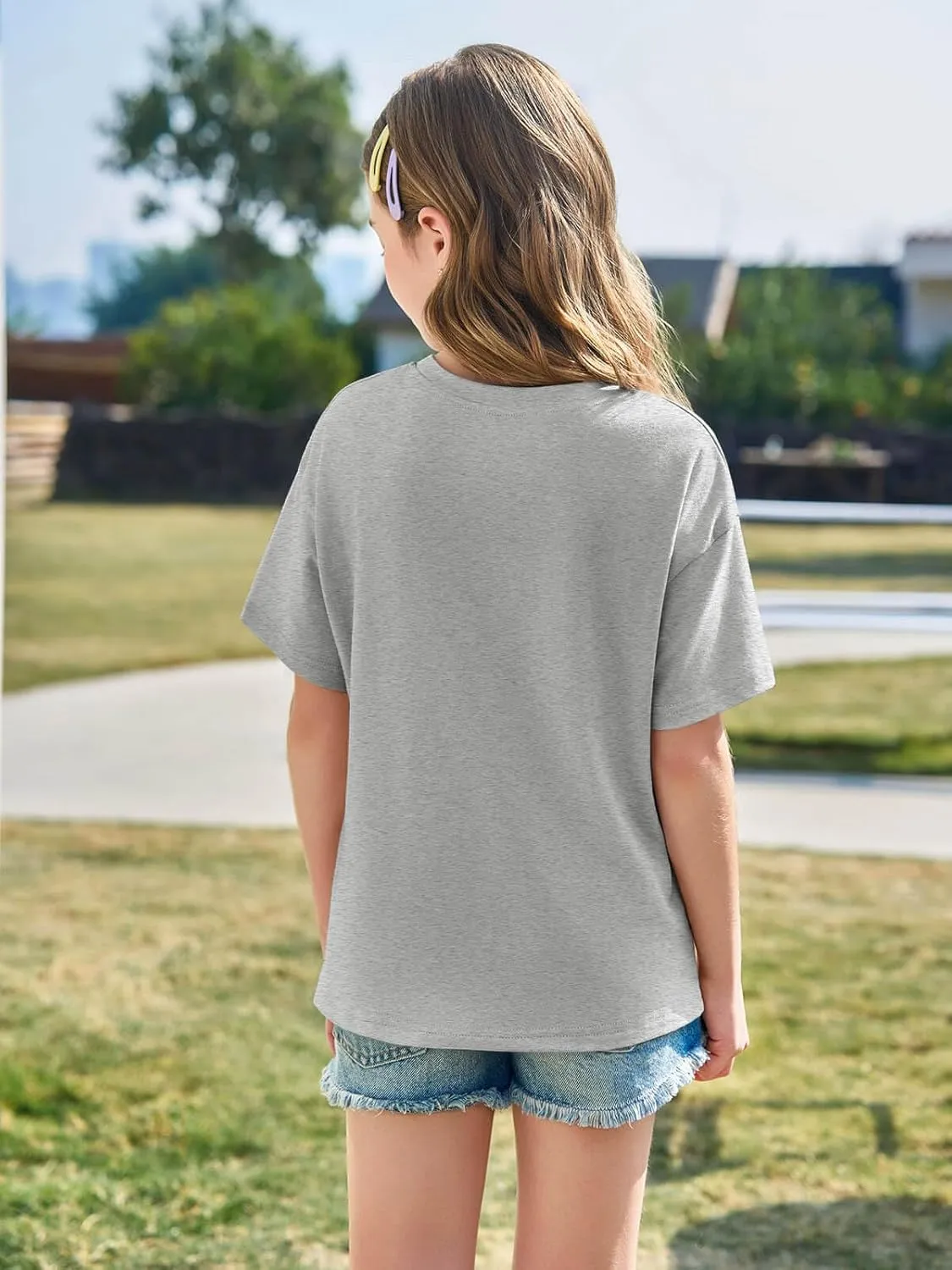 Haloumoning Girls Short Sleeve T Shirts Kids Summer Oversized Tops Casual Crewneck Basic Tees 5-14Y