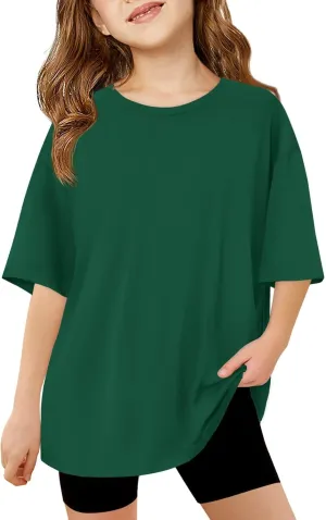 Haloumoning Girls Short Sleeve T Shirts Kids Summer Oversized Tops Casual Crewneck Basic Tees 5-14Y