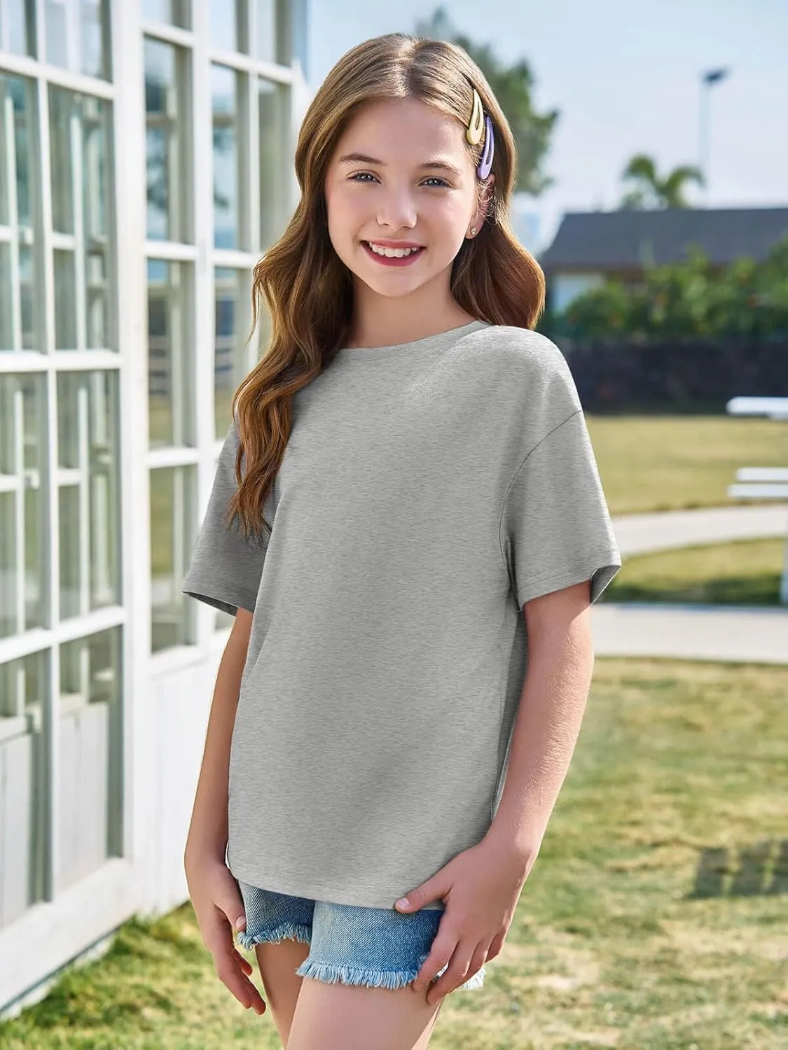 Haloumoning Girls Short Sleeve T Shirts Kids Summer Oversized Tops Casual Crewneck Basic Tees 5-14Y