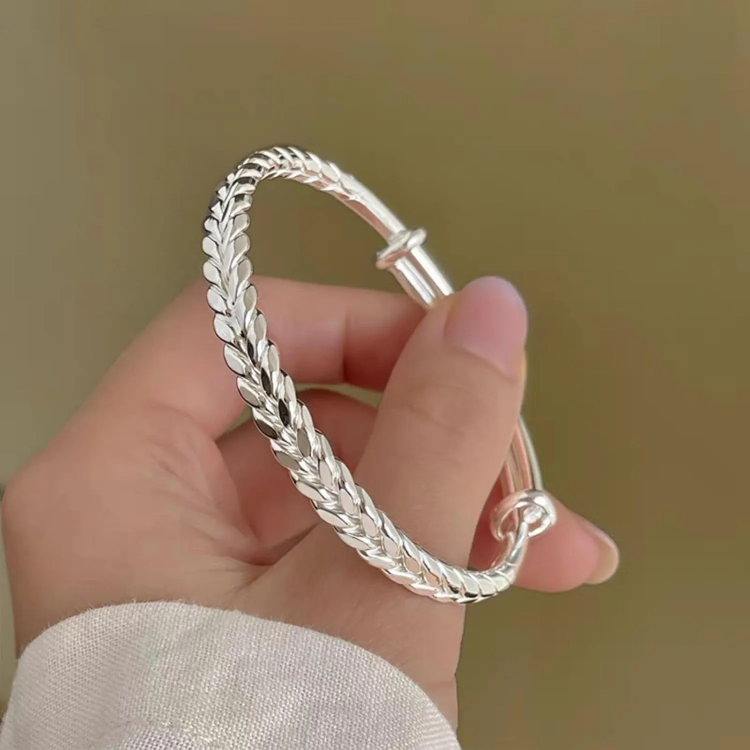 Handmade 925 Sterling Silver Bangle Bracelets For Women Boho Weave Pattern Cuff Bracelets Adjustable Wheat Wrap Bracelets For Women Stylish Braided Open Bangles Jewelry Birthday Gifts for Women Wife