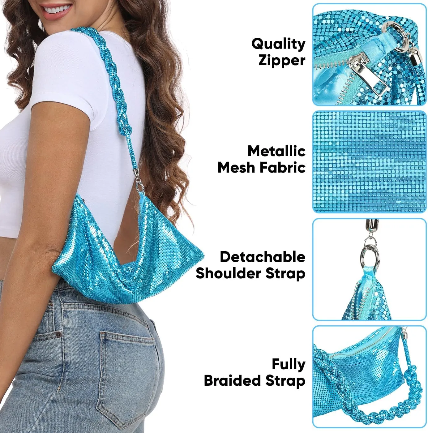HDE Women's Metallic Mesh Evening Bag Shiny Braid Knotted Shoulder Purse Handbag