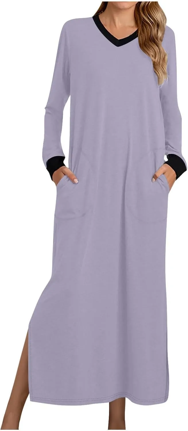 HGps8w Nightgown for Women Long Sleeve Sleepshirt Loose V Neck Comfort Maxi Dress Color Block Split Side Nightshirt Sleepwear