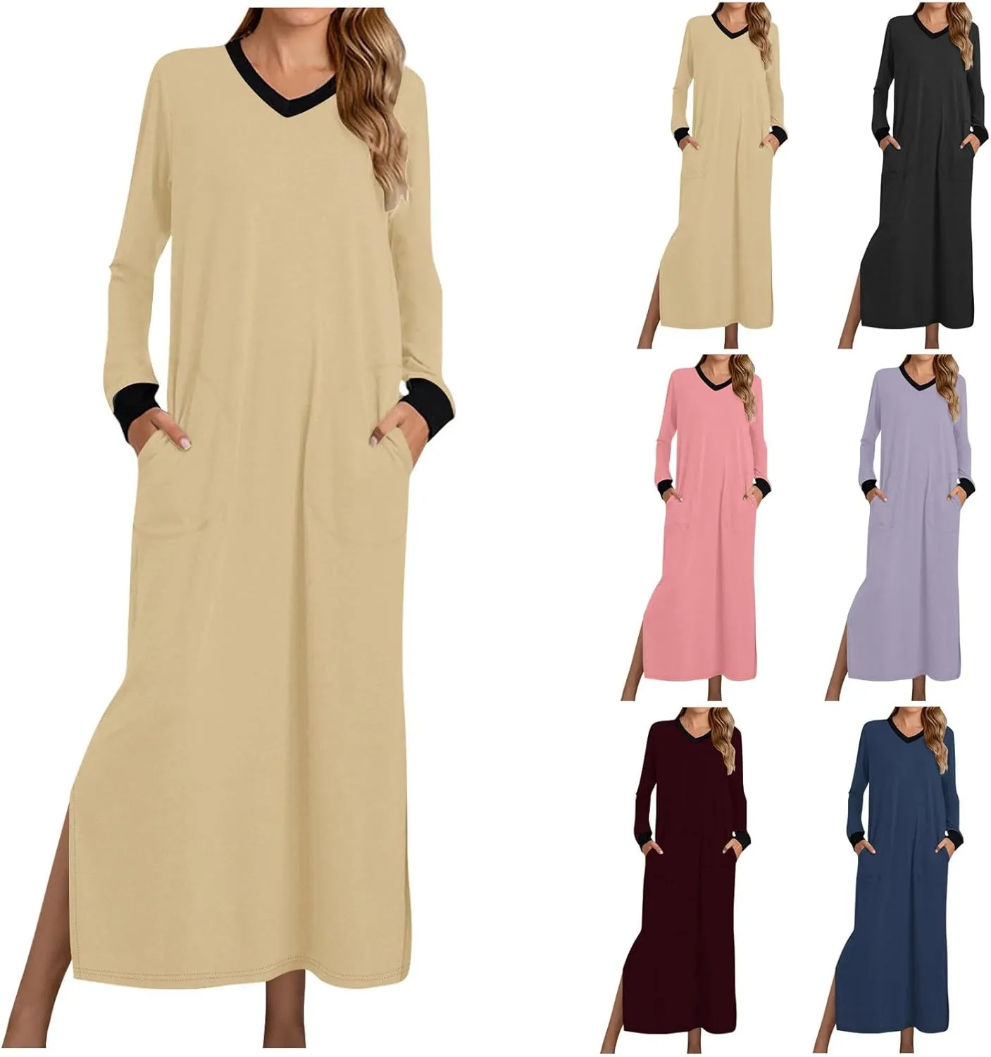 HGps8w Nightgown for Women Long Sleeve Sleepshirt Loose V Neck Comfort Maxi Dress Color Block Split Side Nightshirt Sleepwear