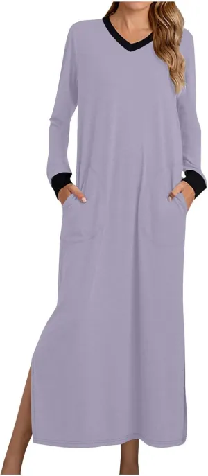 HGps8w Nightgown for Women Long Sleeve Sleepshirt Loose V Neck Comfort Maxi Dress Color Block Split Side Nightshirt Sleepwear