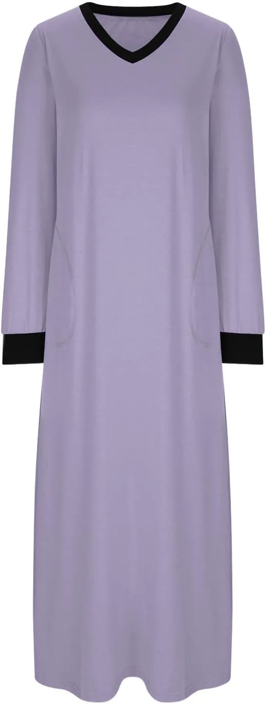 HGps8w Nightgown for Women Long Sleeve Sleepshirt Loose V Neck Comfort Maxi Dress Color Block Split Side Nightshirt Sleepwear