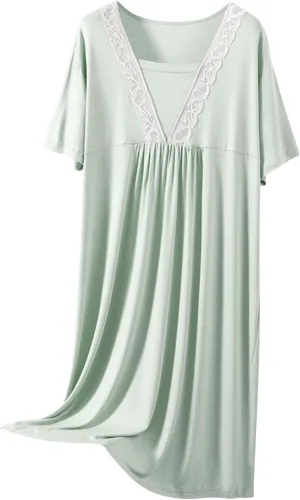 HGps8w Nightgowns for Women Lace Trim V Neck Sleepwear Casual Short Sleeve Sleepshirt Loose Comfy Modal Pajamas Dress
