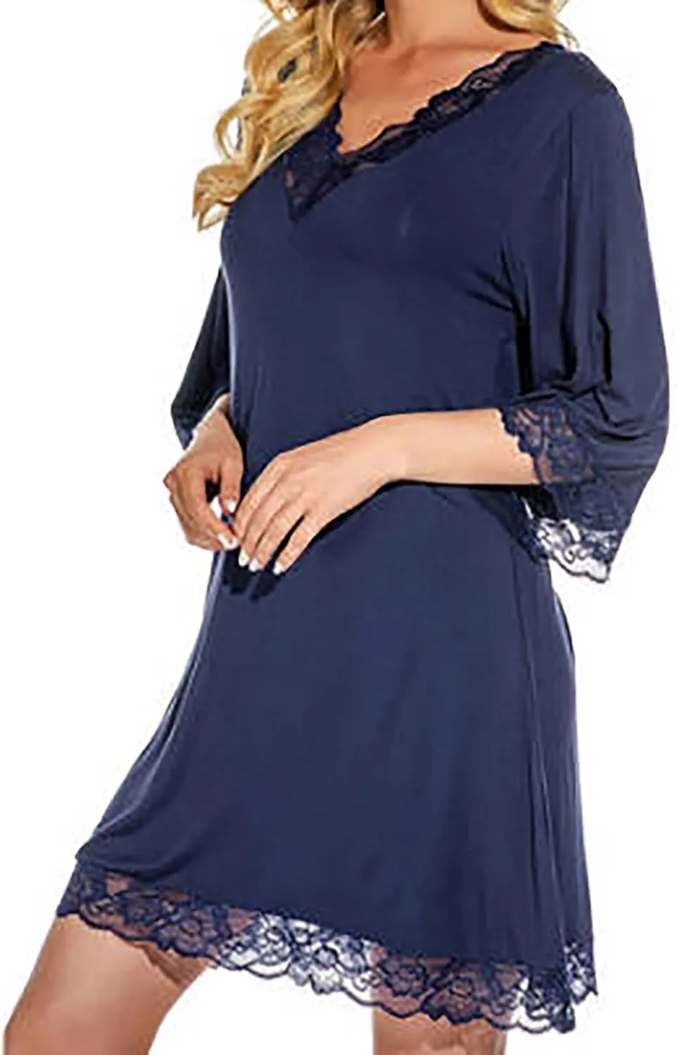 HGps8w Sexy Nightgown Womens V Neck Lace Trim 3/4 Sleeve Pajams Dress Loose Soft Lounge Nightshirt Sleepwear