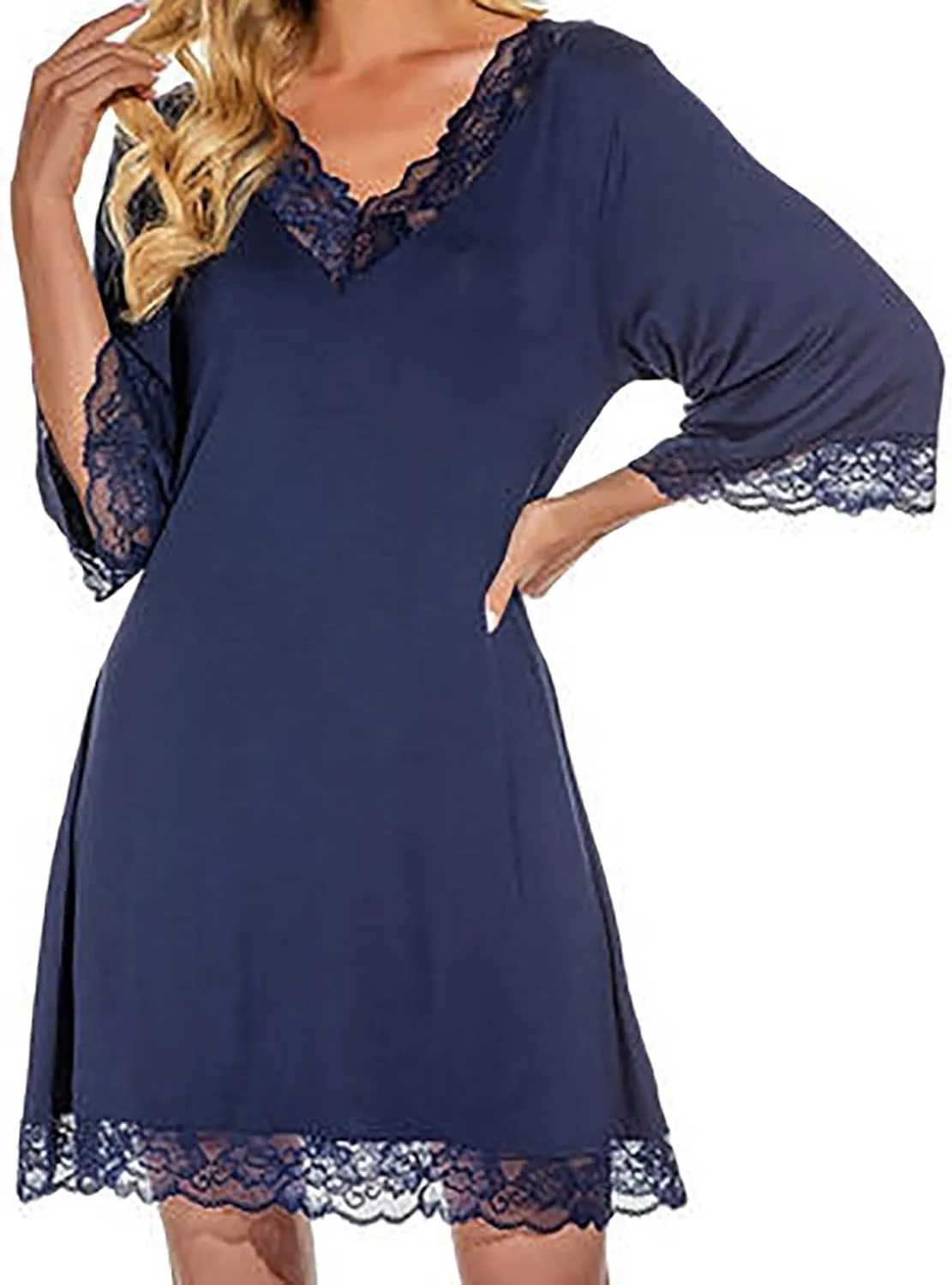 HGps8w Sexy Nightgown Womens V Neck Lace Trim 3/4 Sleeve Pajams Dress Loose Soft Lounge Nightshirt Sleepwear