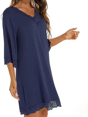 HGps8w Sexy Nightgown Womens V Neck Lace Trim 3/4 Sleeve Pajams Dress Loose Soft Lounge Nightshirt Sleepwear