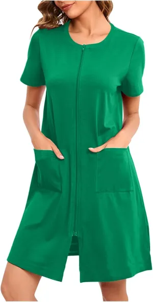 HGps8w Women's Nightshirt Zipper Front Nightgown Short Sleeve Crewneck Sleepwear Loose Fit Short Pajamas Dress with Pockets