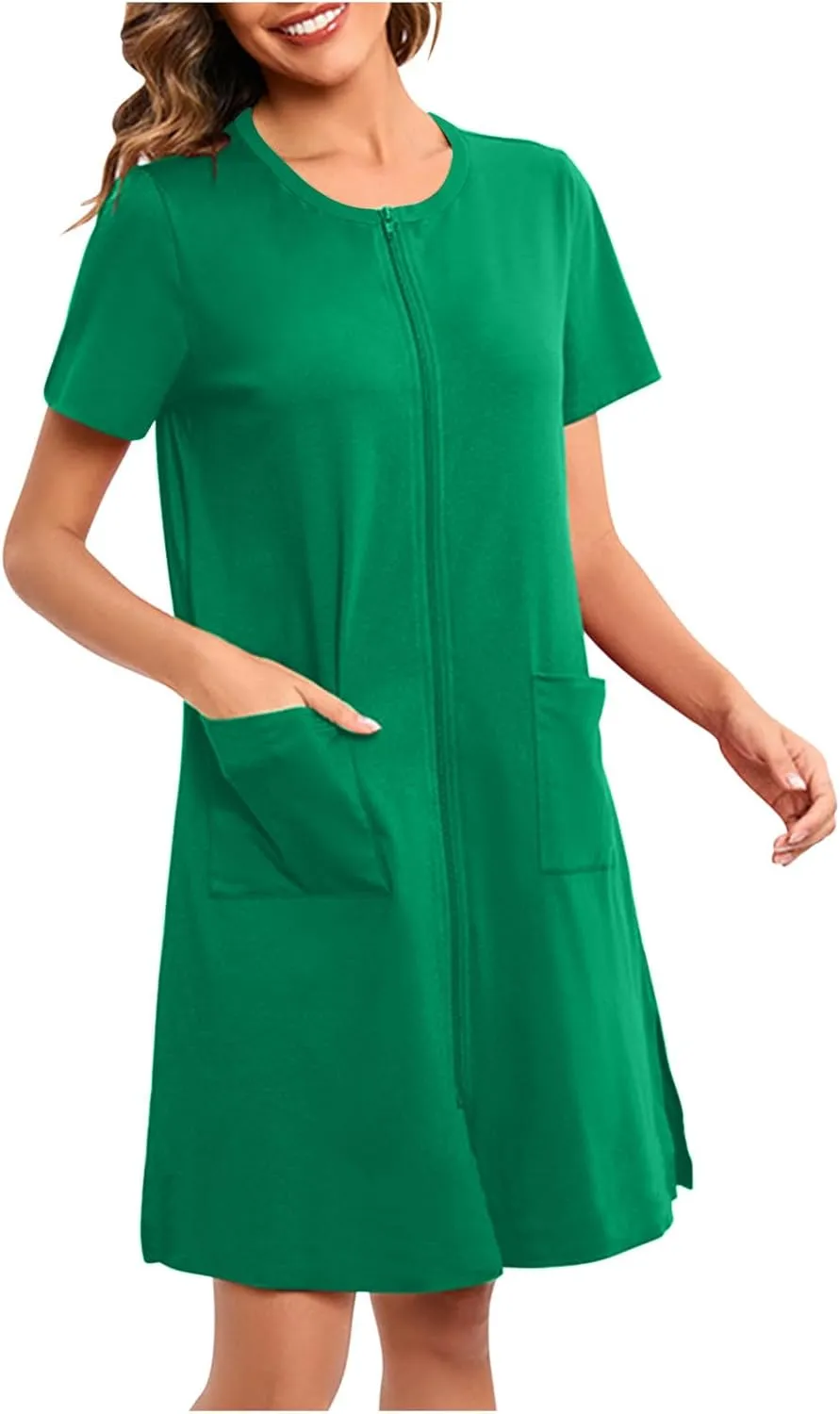 HGps8w Women's Nightshirt Zipper Front Nightgown Short Sleeve Crewneck Sleepwear Loose Fit Short Pajamas Dress with Pockets
