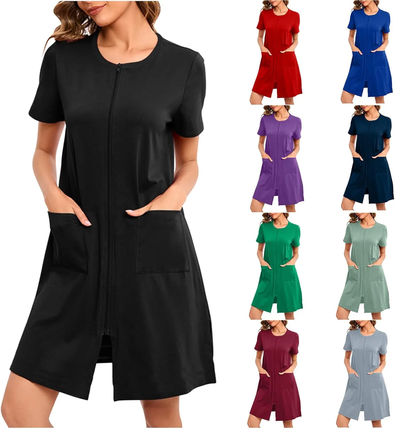 HGps8w Women's Nightshirt Zipper Front Nightgown Short Sleeve Crewneck Sleepwear Loose Fit Short Pajamas Dress with Pockets