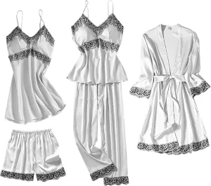 HGps8w Women's Satin Lingerie Sleepwear 5 Piece Sexy Slik Pajamas Lace Trim Cami Nightgown Robe Shorts Long Pants Pjs Sets
