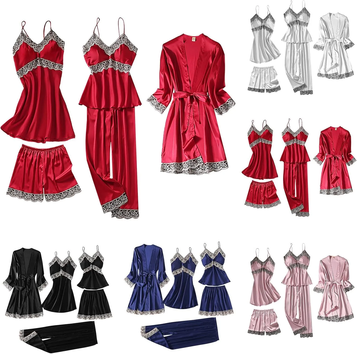 HGps8w Women's Satin Lingerie Sleepwear 5 Piece Sexy Slik Pajamas Lace Trim Cami Nightgown Robe Shorts Long Pants Pjs Sets
